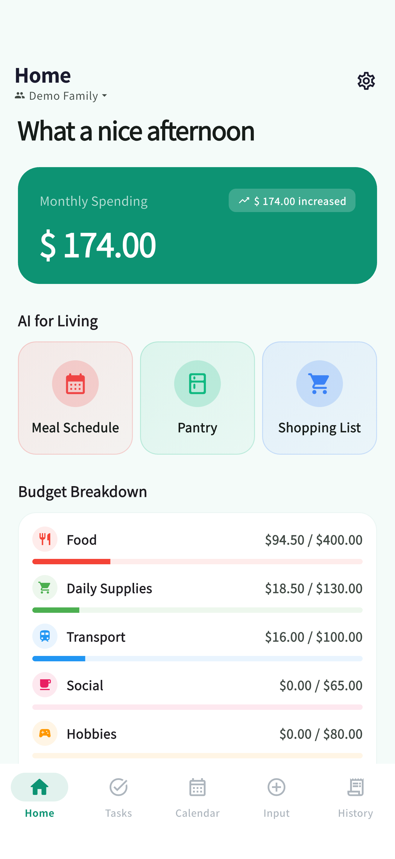 Home screen: monthly spending overview