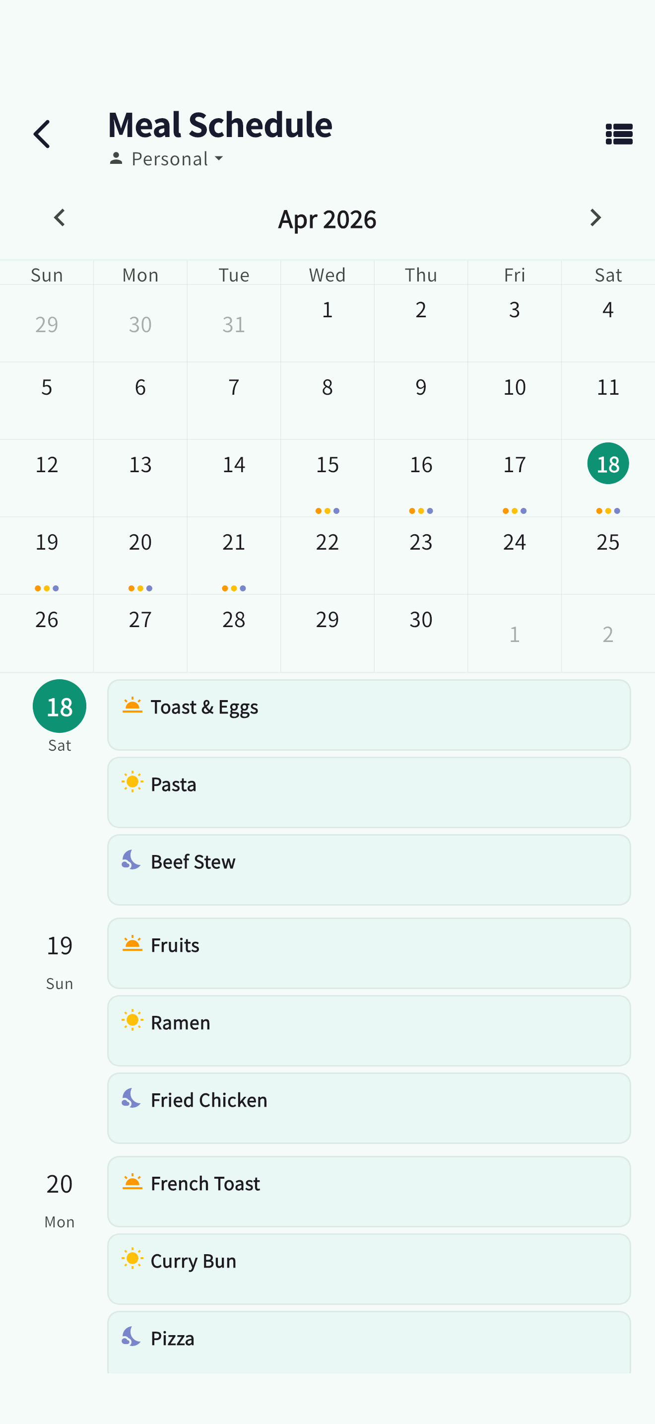 Meal plan screen