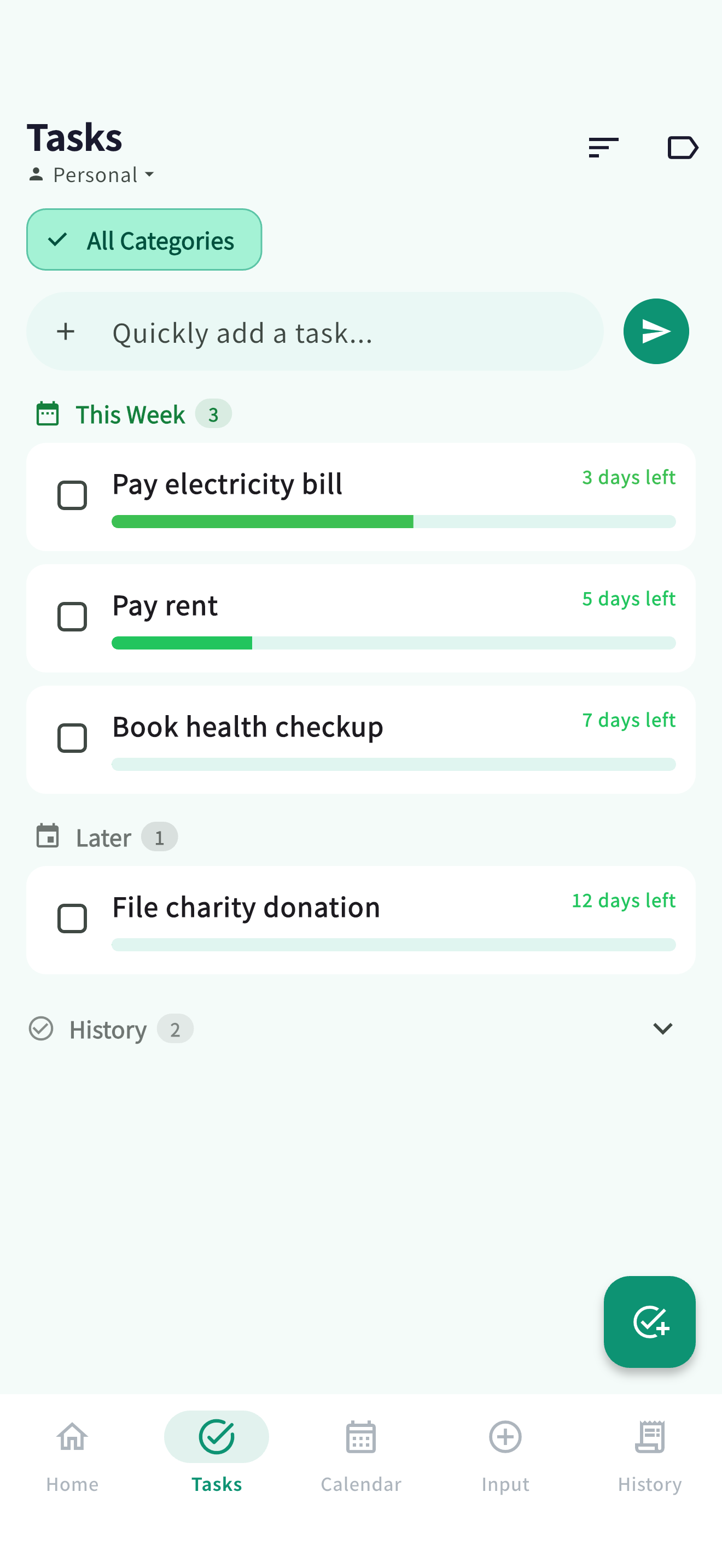 Tasks screen