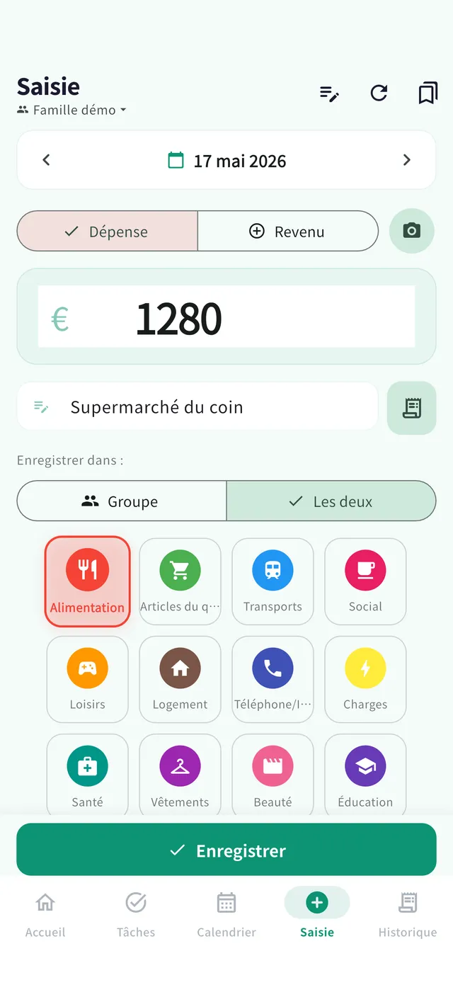 Écran de saisie : bouton photo du reçu, montant et catégories
