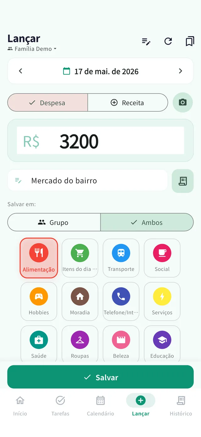 Tela de registro: botão de foto da nota, valor e categorias