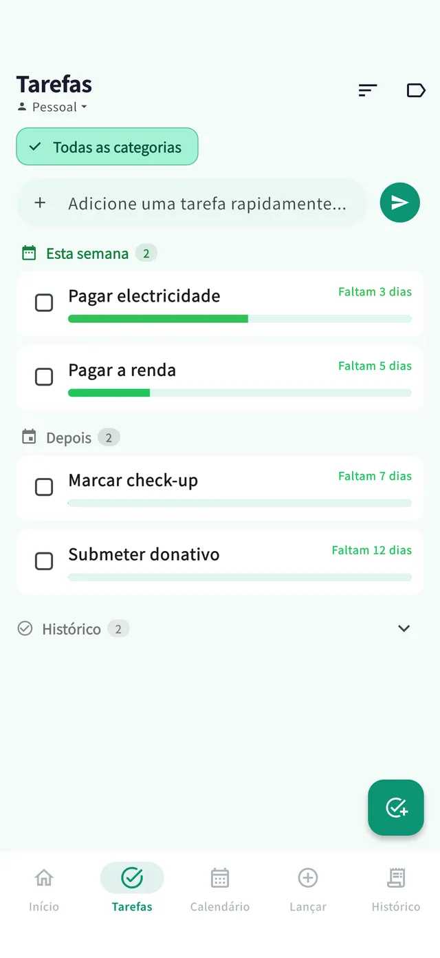 Ecrã das tarefas